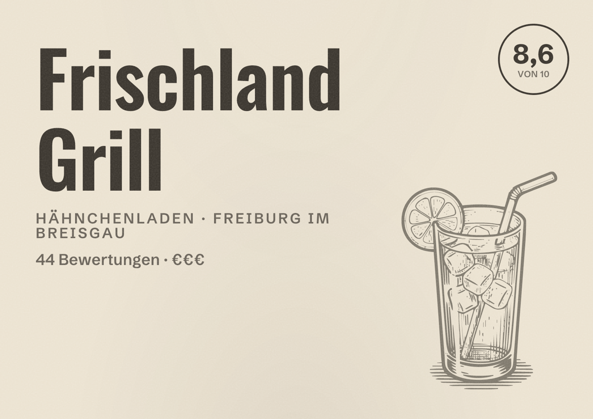 Illustriertes Poster von Frischland Grill, Hähnchenladen in Freiburg im Breisgau: Bewertung 8,6 von 10 aus 44 Bewertungen, Preisniveau €€€