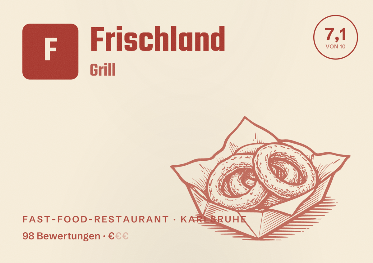 Illustriertes Poster von Frischland Grill, Fast-Food-Restaurant in Karlsruhe: Bewertung 7,1 von 10 aus 98 Bewertungen, Preisniveau €