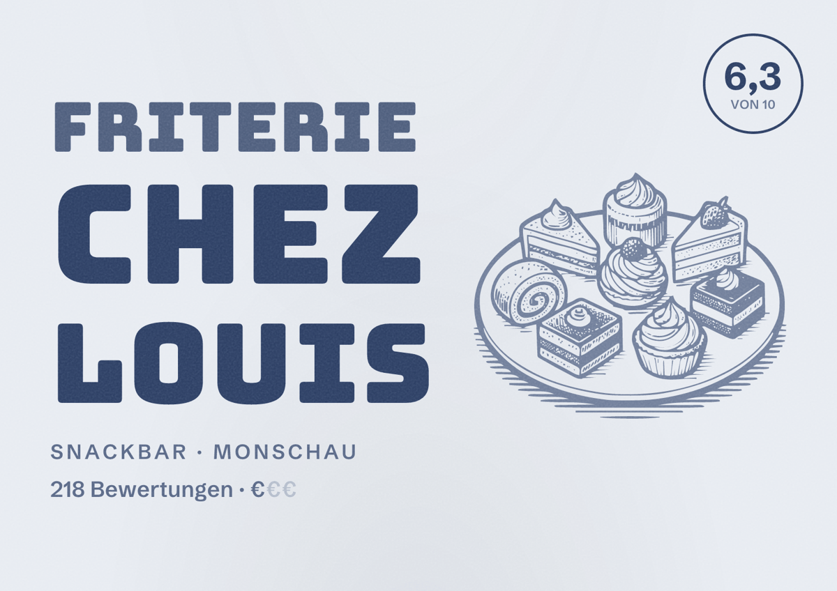 Illustriertes Poster von Friterie Chez Louis, Snackbar in Monschau: Bewertung 6,3 von 10 aus 218 Bewertungen, Preisniveau €