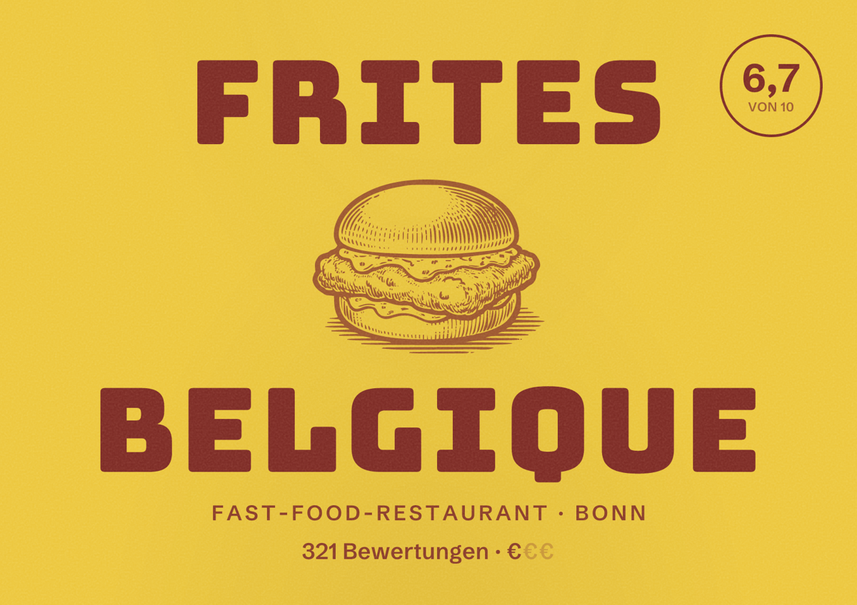 Illustriertes Poster von Frites Belgique, Fast-Food-Restaurant in Bonn: Bewertung 6,7 von 10 aus 321 Bewertungen, Preisniveau €