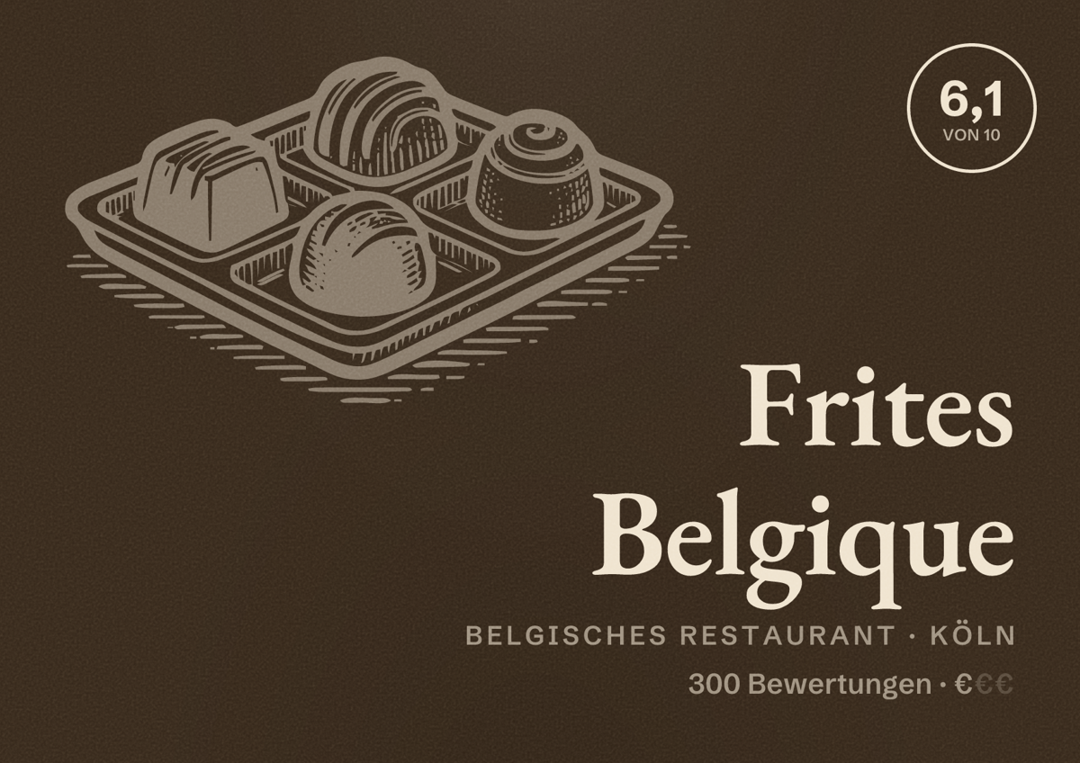 Illustriertes Poster von Frites Belgique, Belgisches Restaurant in Köln: Bewertung 6,1 von 10 aus 300 Bewertungen, Preisniveau €