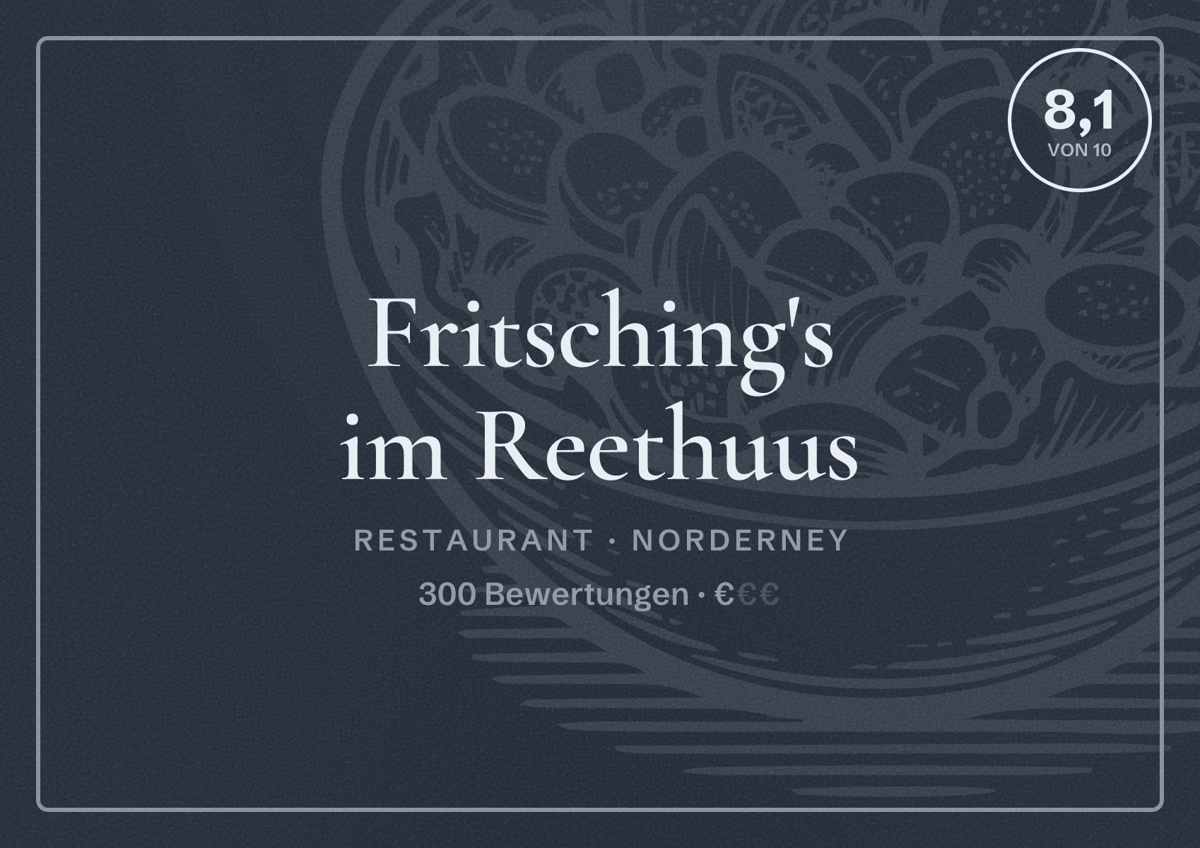 Illustriertes Poster von Fritsching's im Reethuus, Restaurant in Norderney: Bewertung 8,1 von 10 aus 300 Bewertungen, Preisniveau €
