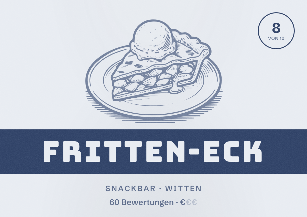 Illustriertes Poster von Fritten-Eck, Snackbar in Witten: Bewertung 8 von 10 aus 60 Bewertungen, Preisniveau €