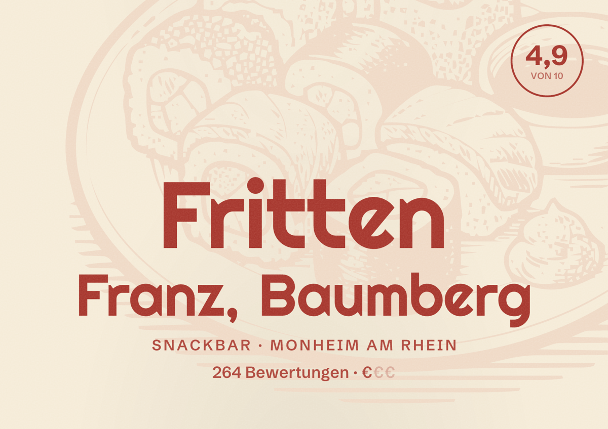 Illustriertes Poster von Fritten Franz, Baumberg, Snackbar in Monheim am Rhein: Bewertung 4,9 von 10 aus 264 Bewertungen, Preisniveau €