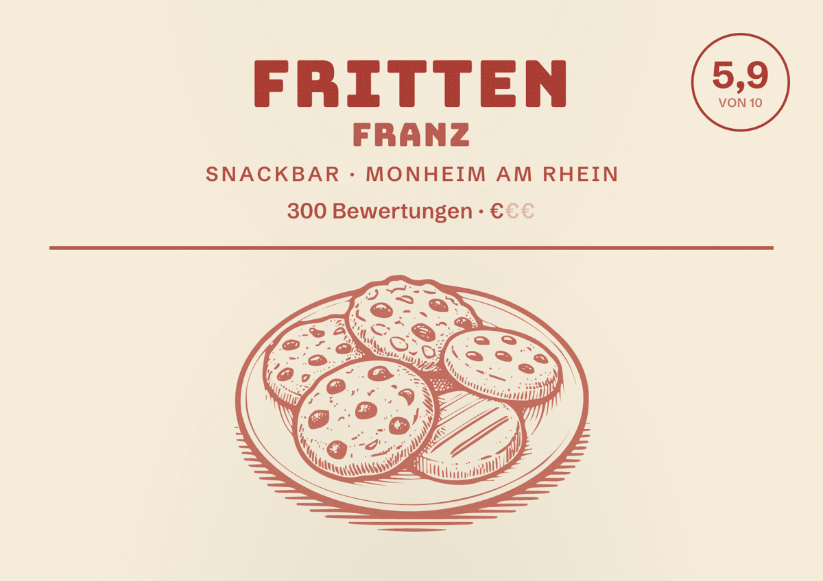 Illustriertes Poster von Fritten Franz, Snackbar in Monheim am Rhein: Bewertung 5,9 von 10 aus 300 Bewertungen, Preisniveau €