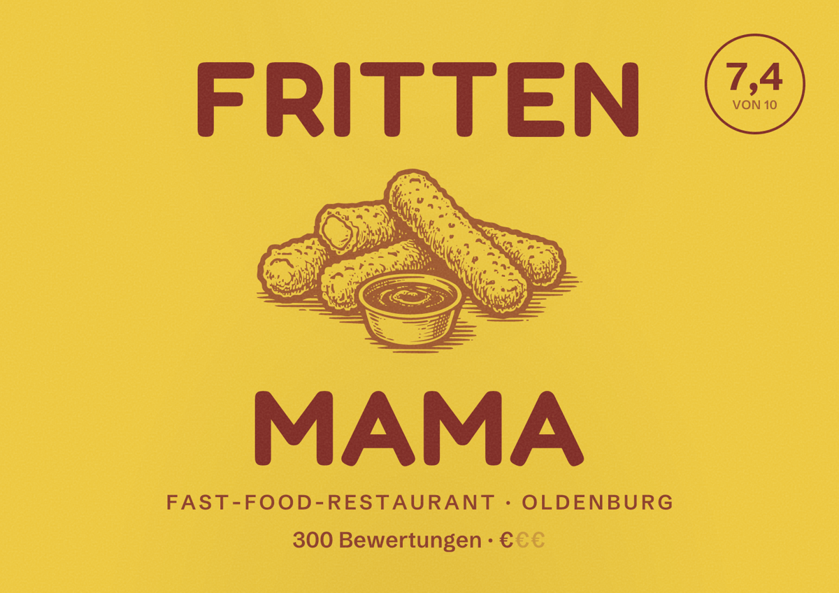 Illustriertes Poster von Fritten Mama, Fast-Food-Restaurant in Oldenburg: Bewertung 7,4 von 10 aus 300 Bewertungen, Preisniveau €