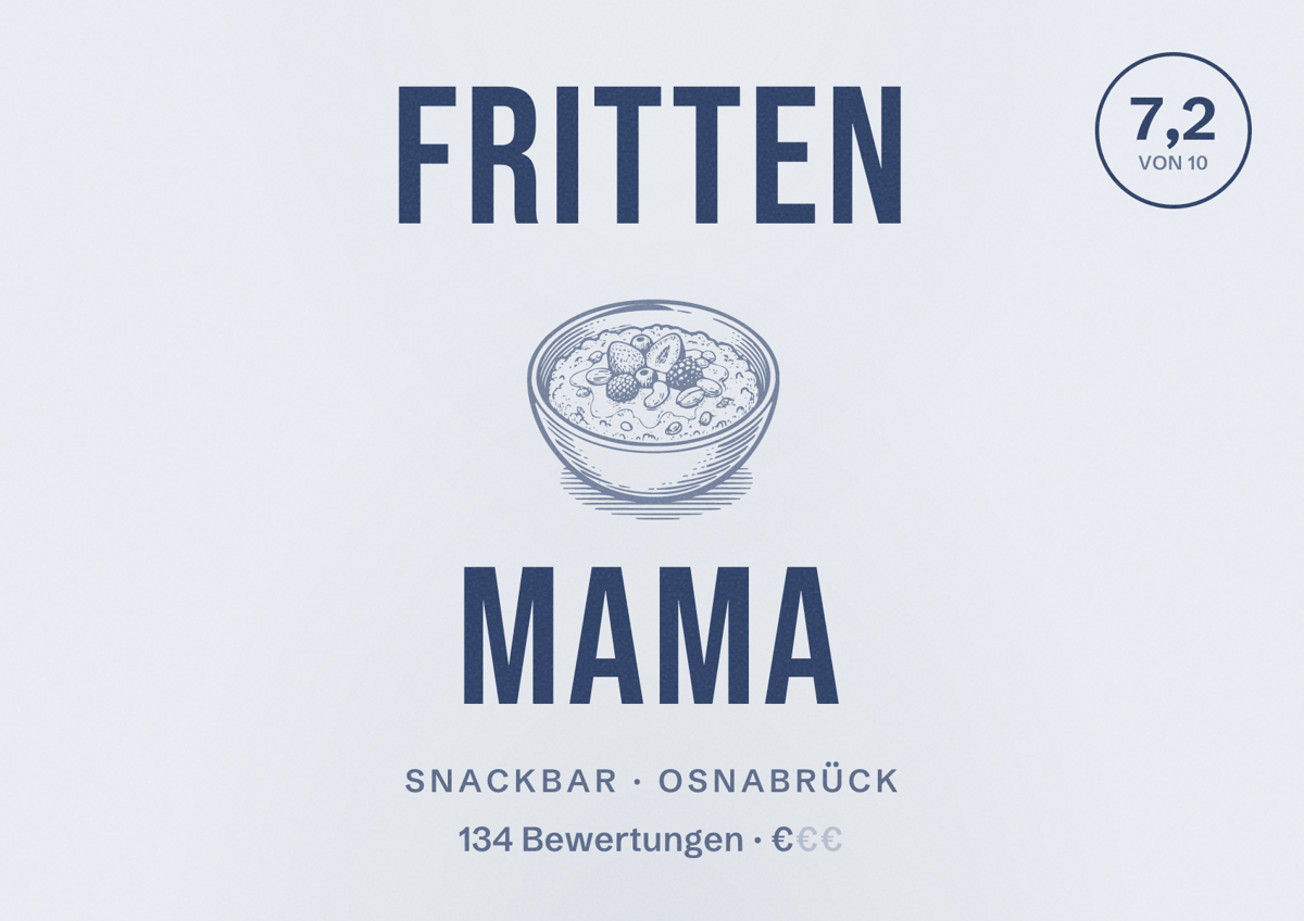 Illustriertes Poster von Fritten Mama, Snackbar in Osnabrück: Bewertung 7,2 von 10 aus 134 Bewertungen, Preisniveau €