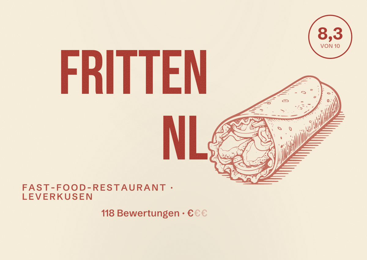 Illustriertes Poster von Fritten NL, Fast-Food-Restaurant in Leverkusen: Bewertung 8,3 von 10 aus 118 Bewertungen, Preisniveau €