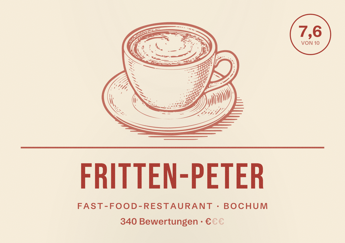 Illustriertes Poster von Fritten-Peter, Fast-Food-Restaurant in Bochum: Bewertung 7,6 von 10 aus 340 Bewertungen, Preisniveau €