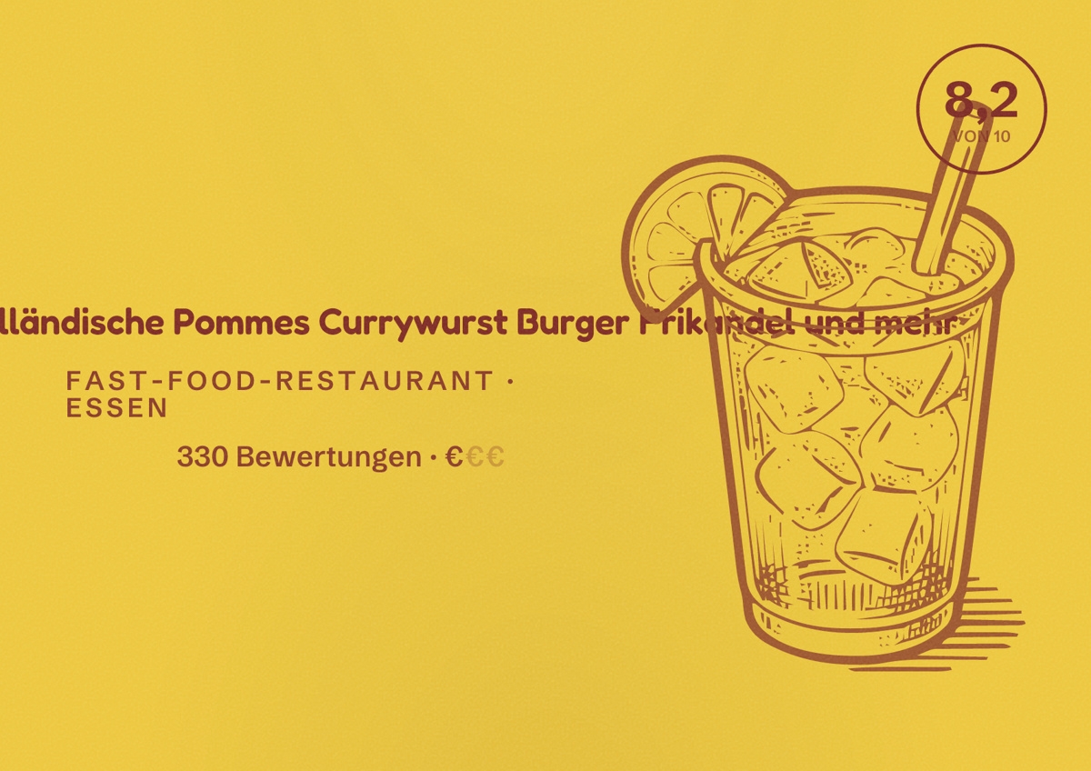 Illustriertes Poster von Fritten Pott - Holländische Pommes Currywurst Burger Frikandel und mehr, Fast-Food-Restaurant in Essen: Bewertung 8,2 von 10 aus 330 Bewertungen, Preisniveau €