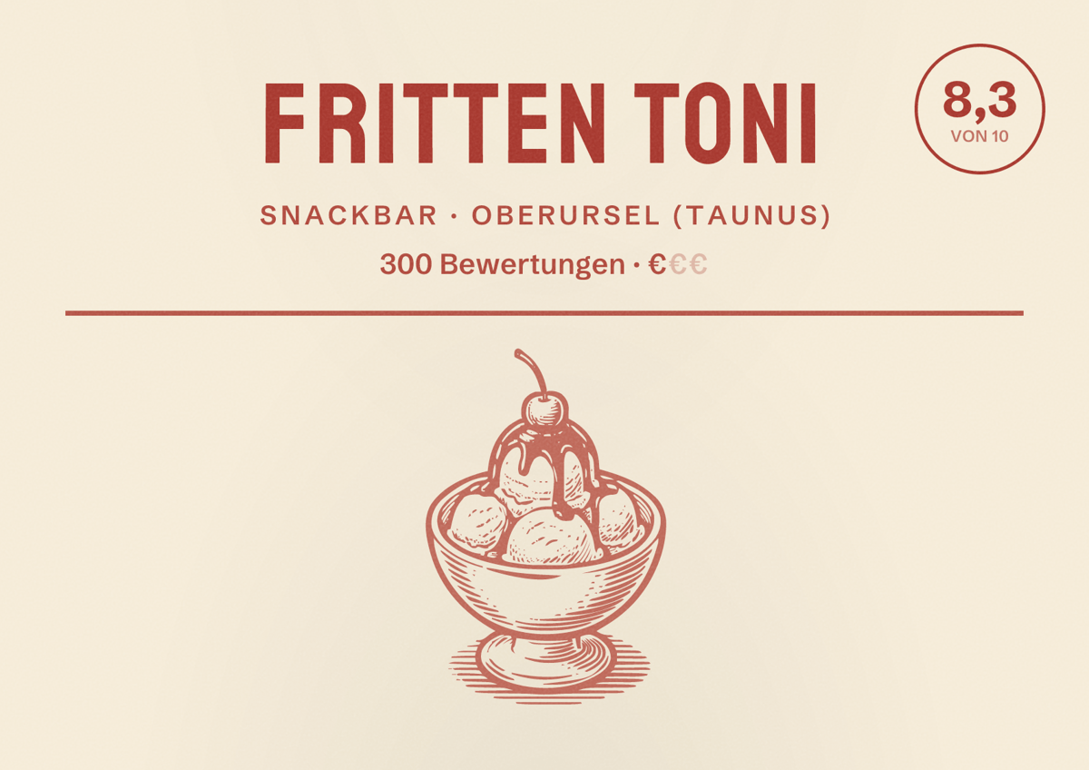 Illustriertes Poster von Fritten Toni, Snackbar in Oberursel (Taunus): Bewertung 8,3 von 10 aus 300 Bewertungen, Preisniveau €