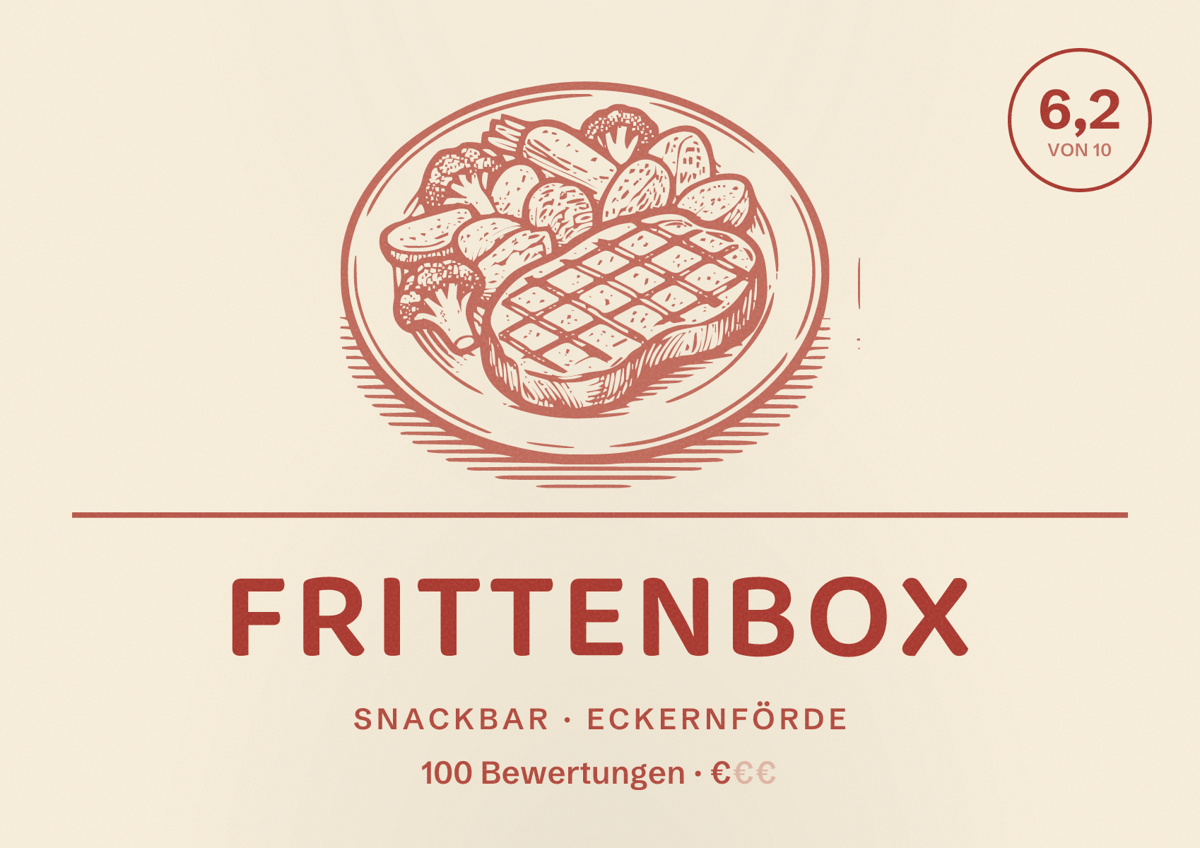 Illustriertes Poster von Frittenbox, Snackbar in Eckernförde: Bewertung 6,2 von 10 aus 100 Bewertungen, Preisniveau €
