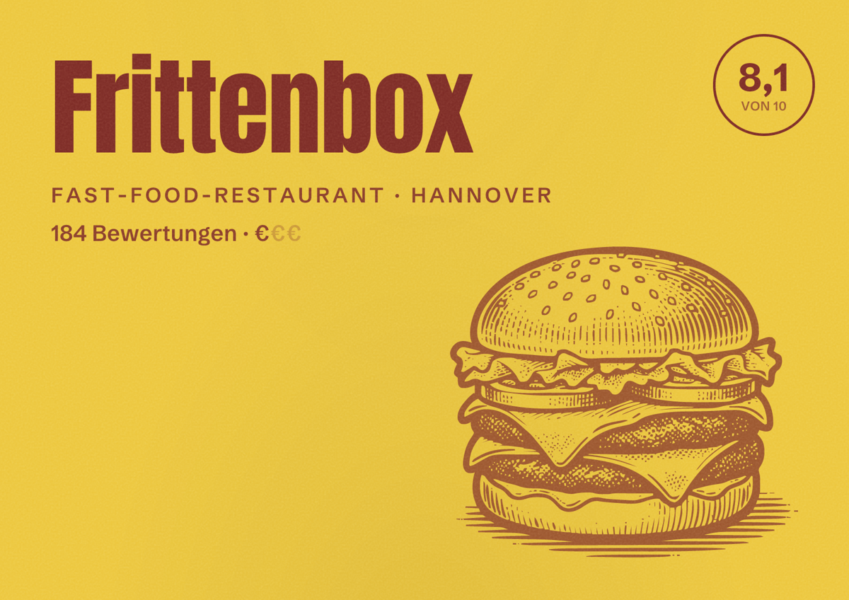 Illustriertes Poster von Frittenbox, Fast-Food-Restaurant in Hannover: Bewertung 8,1 von 10 aus 184 Bewertungen, Preisniveau €