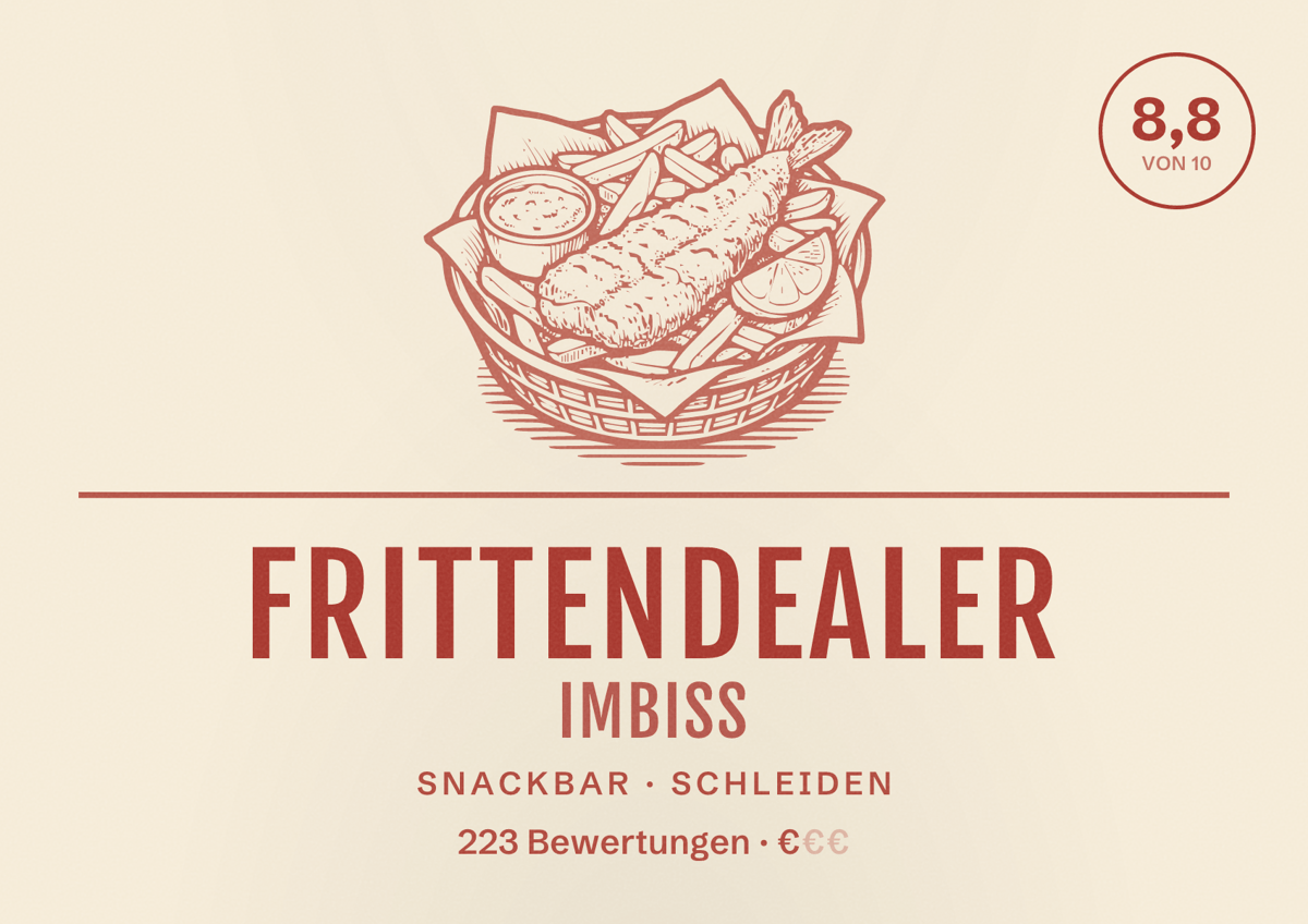 Illustriertes Poster von Frittendealer Imbiss, Snackbar in Schleiden: Bewertung 8,8 von 10 aus 223 Bewertungen, Preisniveau €