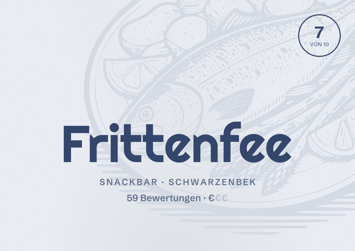 Illustriertes Poster von Frittenfee, Snackbar in Schwarzenbek: Bewertung 7 von 10 aus 59 Bewertungen, Preisniveau €