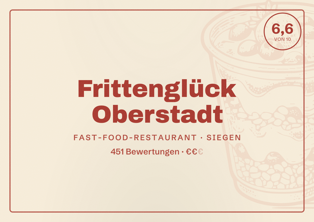 Illustriertes Poster von Frittenglück Oberstadt, Fast-Food-Restaurant in Siegen: Bewertung 6,6 von 10 aus 451 Bewertungen, Preisniveau €€