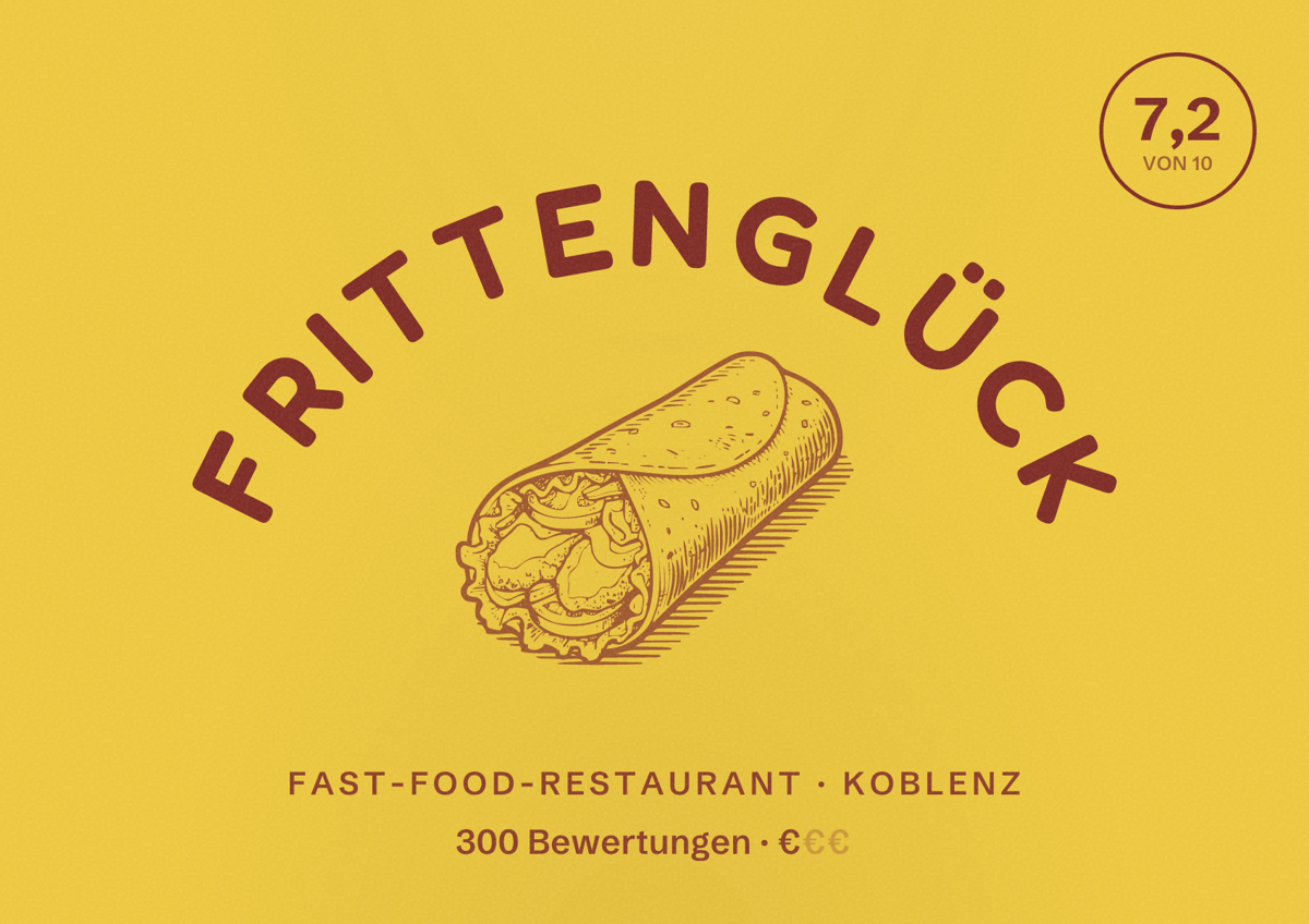 Illustriertes Poster von Frittenglück, Fast-Food-Restaurant in Koblenz: Bewertung 7,2 von 10 aus 300 Bewertungen, Preisniveau €