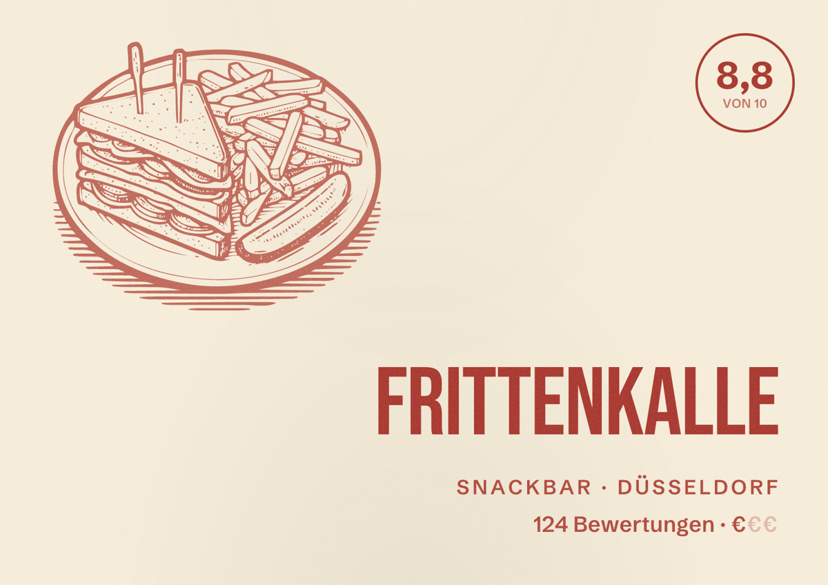 Illustriertes Poster von Frittenkalle, Snackbar in Düsseldorf: Bewertung 8,8 von 10 aus 124 Bewertungen, Preisniveau €