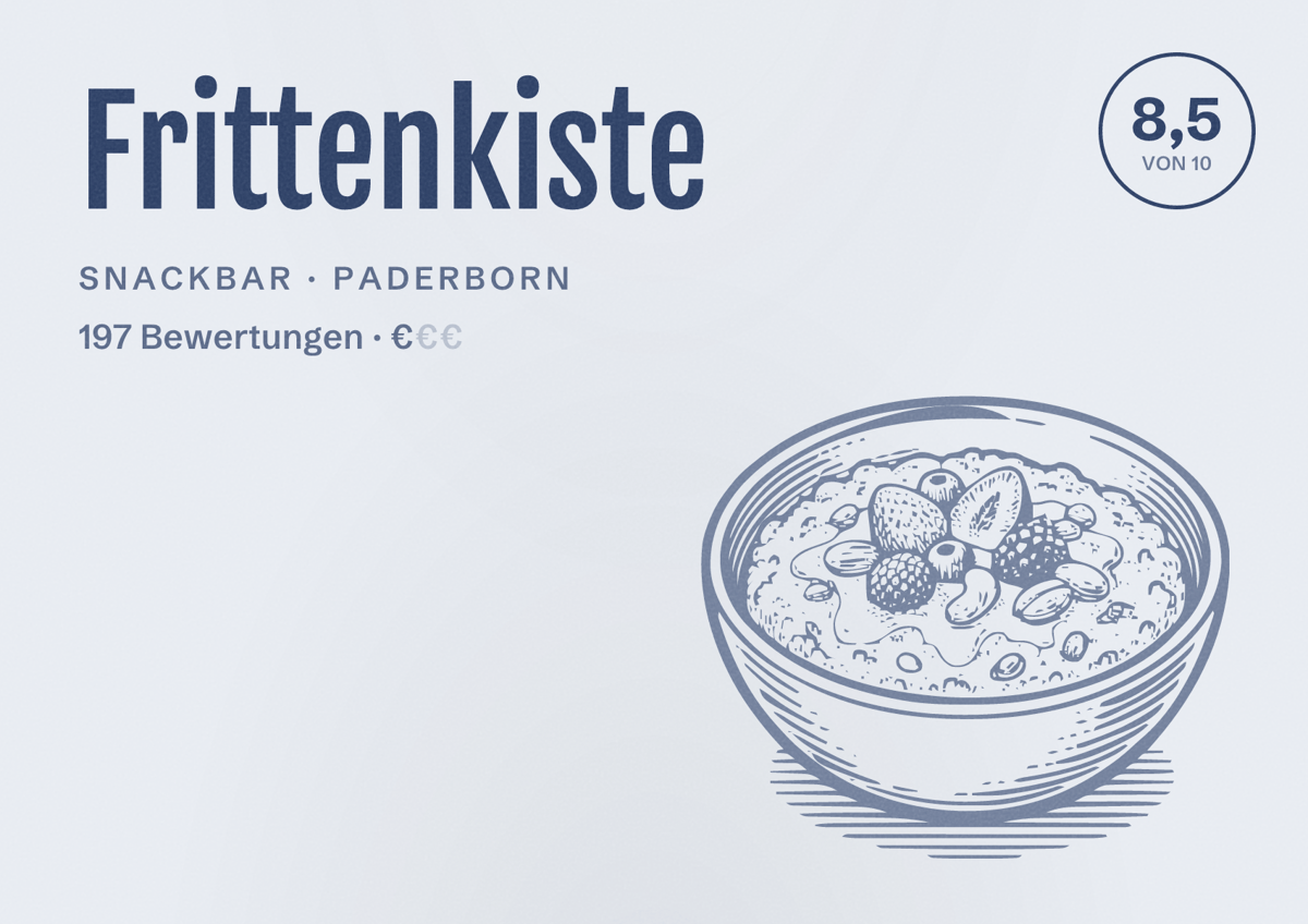 Illustriertes Poster von Frittenkiste, Snackbar in Paderborn: Bewertung 8,5 von 10 aus 197 Bewertungen, Preisniveau €