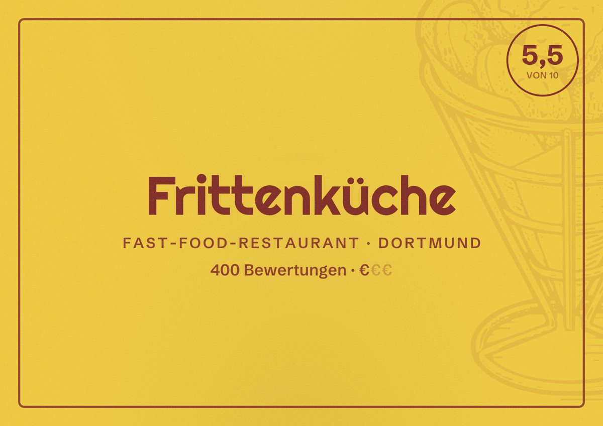 Illustriertes Poster von Frittenküche, Fast-Food-Restaurant in Dortmund: Bewertung 5,5 von 10 aus 400 Bewertungen, Preisniveau €