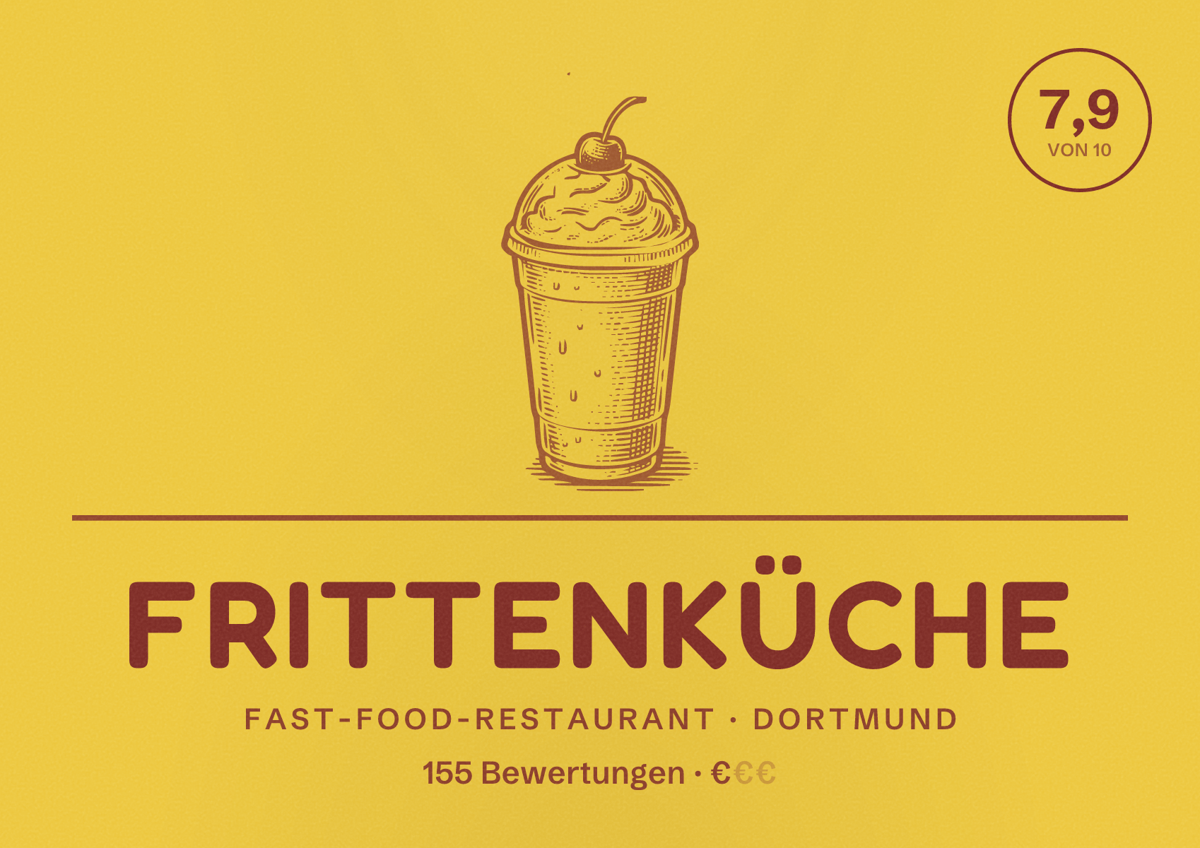 Illustriertes Poster von Frittenküche, Fast-Food-Restaurant in Dortmund: Gästebewertung 7,9 von 10 aus 155 Bewertungen