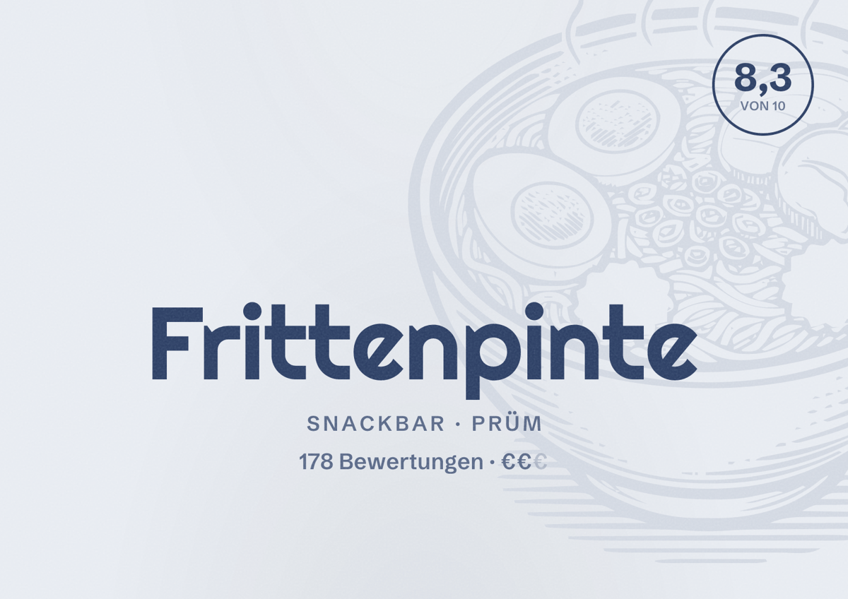 Illustriertes Poster von Frittenpinte, Snackbar in Prüm: Bewertung 8,3 von 10 aus 178 Bewertungen, Preisniveau €€