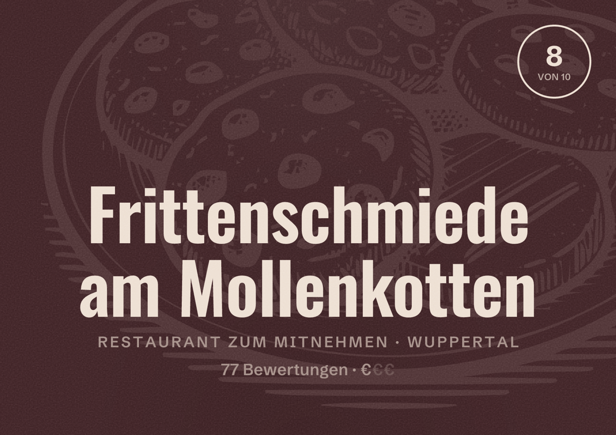 Illustriertes Poster von Frittenschmiede am Mollenkotten, Restaurant zum Mitnehmen in Wuppertal: Bewertung 8 von 10 aus 77 Bewertungen, Preisniveau €