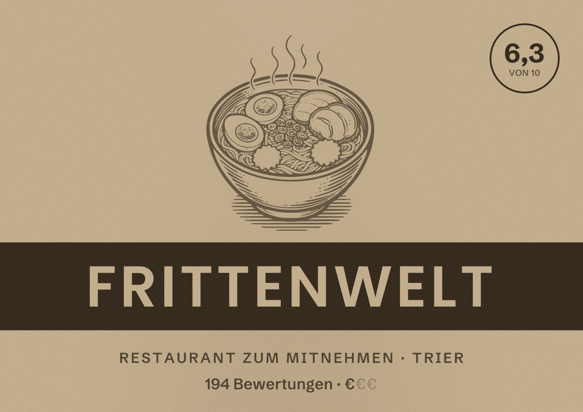 Illustriertes Poster von FrittenWelt, Restaurant zum Mitnehmen in Trier: Bewertung 6,3 von 10 aus 194 Bewertungen, Preisniveau €