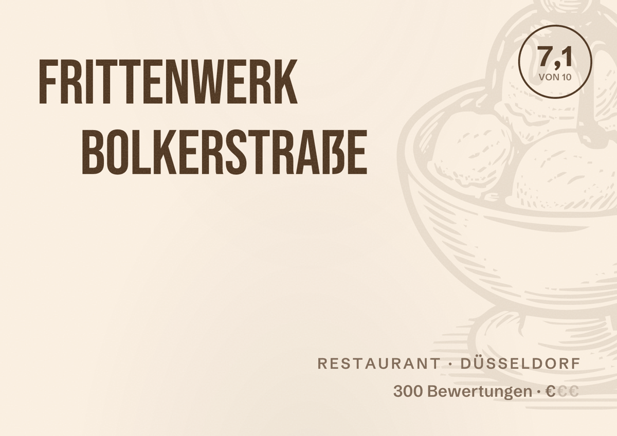 Illustriertes Poster von Frittenwerk Bolkerstraße, Restaurant in Düsseldorf: Bewertung 7,1 von 10 aus 300 Bewertungen, Preisniveau €