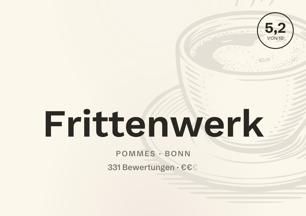 Illustriertes Poster von Frittenwerk, Pommes in Bonn: Bewertung 5,2 von 10 aus 331 Bewertungen, Preisniveau €€