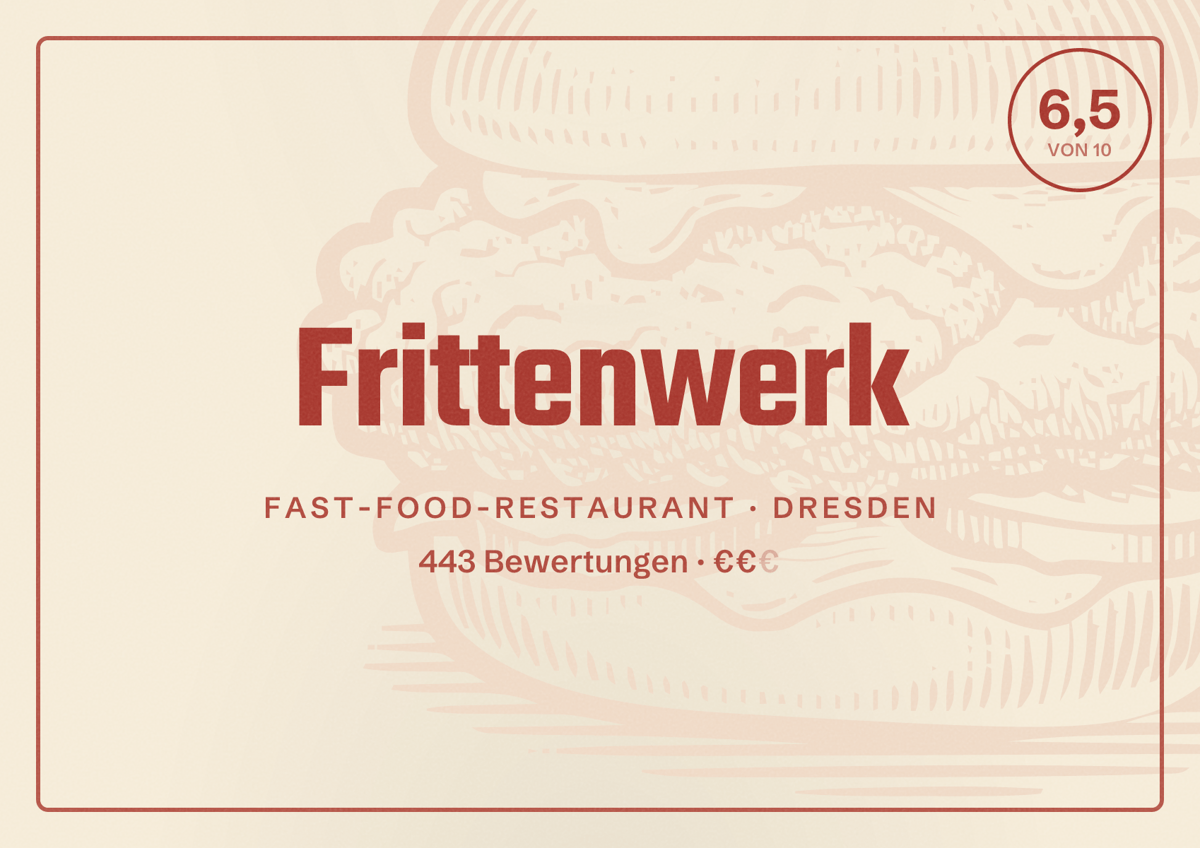 Illustriertes Poster von Frittenwerk, Fast-Food-Restaurant in Dresden: Bewertung 6,5 von 10 aus 443 Bewertungen, Preisniveau €€