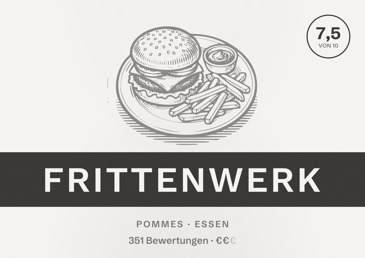 Illustriertes Poster von Frittenwerk, Pommes in Essen: Bewertung 7,5 von 10 aus 351 Bewertungen, Preisniveau €€