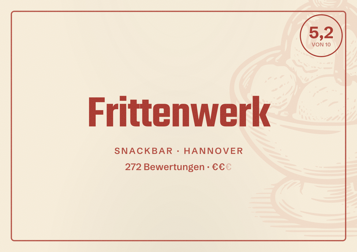Illustriertes Poster von Frittenwerk, Snackbar in Hannover: Bewertung 5,2 von 10 aus 272 Bewertungen, Preisniveau €€
