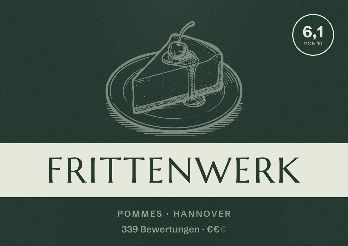 Illustriertes Poster von Frittenwerk, Pommes in Hannover: Bewertung 6,1 von 10 aus 339 Bewertungen, Preisniveau €€
