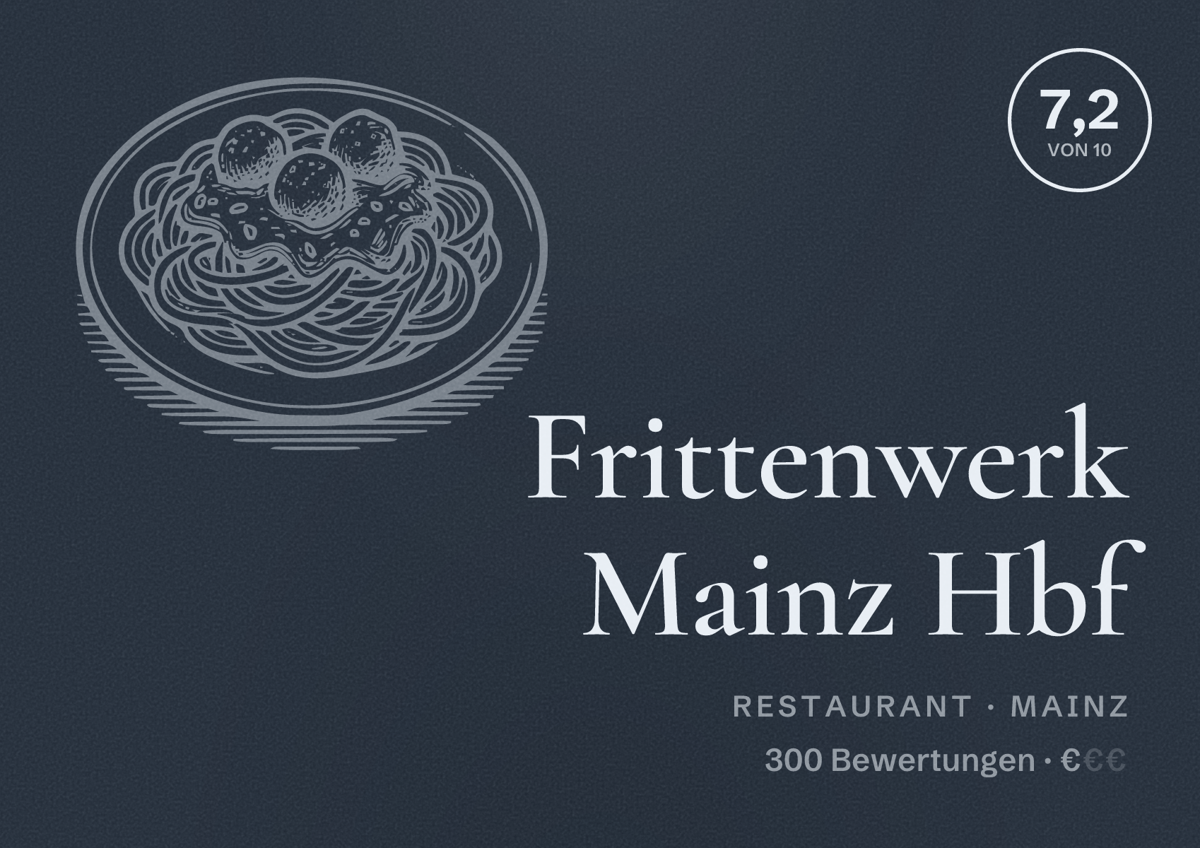 Illustriertes Poster von Frittenwerk Mainz Hbf, Restaurant in Mainz: Bewertung 7,2 von 10 aus 300 Bewertungen, Preisniveau €