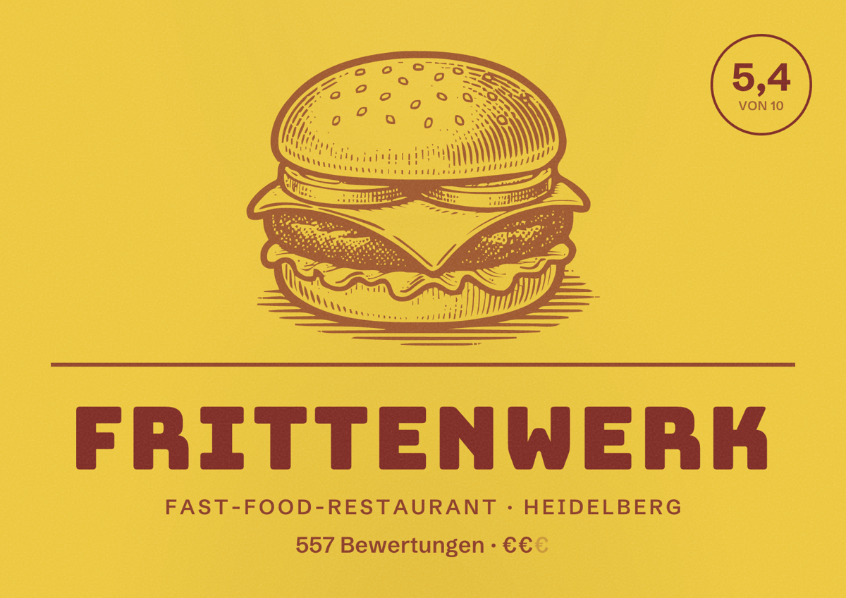 Illustriertes Poster von Frittenwerk, Fast-Food-Restaurant in Heidelberg: Bewertung 5,4 von 10 aus 557 Bewertungen, Preisniveau €€