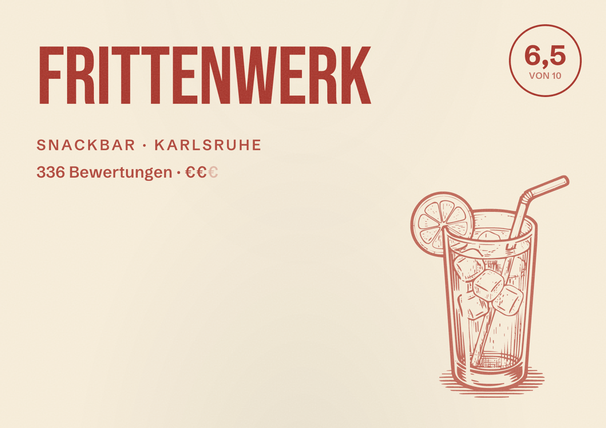 Illustriertes Poster von Frittenwerk, Snackbar in Karlsruhe: Bewertung 6,5 von 10 aus 336 Bewertungen, Preisniveau €€