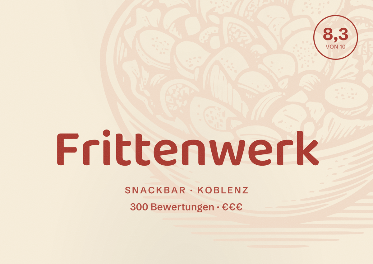 Illustriertes Poster von Frittenwerk, Snackbar in Koblenz: Bewertung 8,3 von 10 aus 300 Bewertungen, Preisniveau €€€