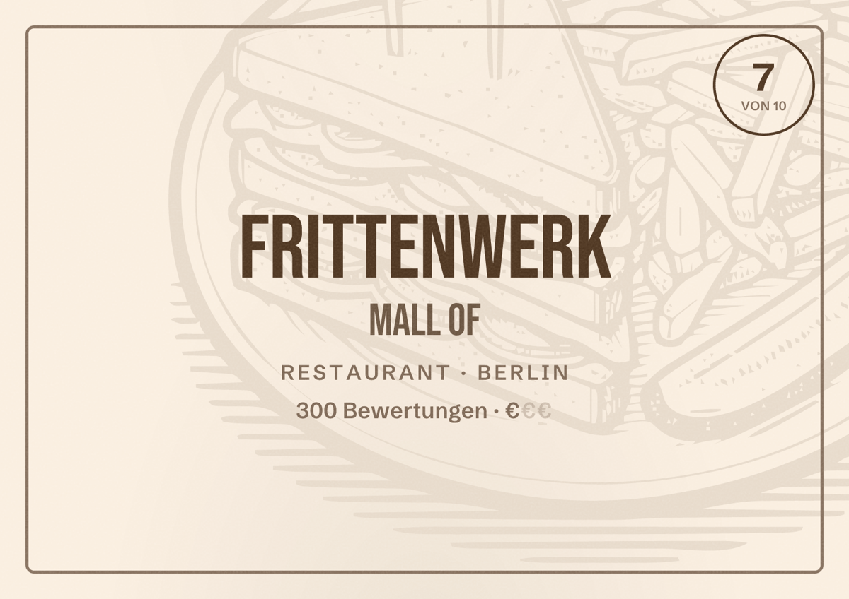 Illustriertes Poster von Frittenwerk Mall of, Restaurant in Berlin: Bewertung 7 von 10 aus 300 Bewertungen, Preisniveau €