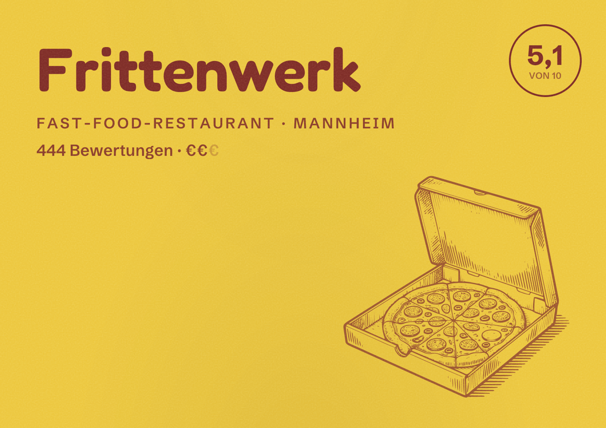 Illustriertes Poster von Frittenwerk, Fast-Food-Restaurant in Mannheim: Bewertung 5,1 von 10 aus 444 Bewertungen, Preisniveau €€
