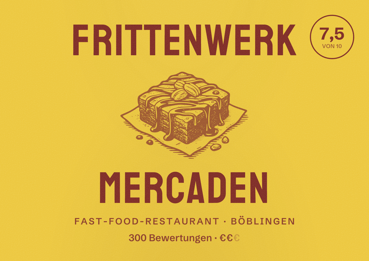 Illustriertes Poster von Frittenwerk Mercaden, Fast-Food-Restaurant in Böblingen: Bewertung 7,5 von 10 aus 300 Bewertungen, Preisniveau €€