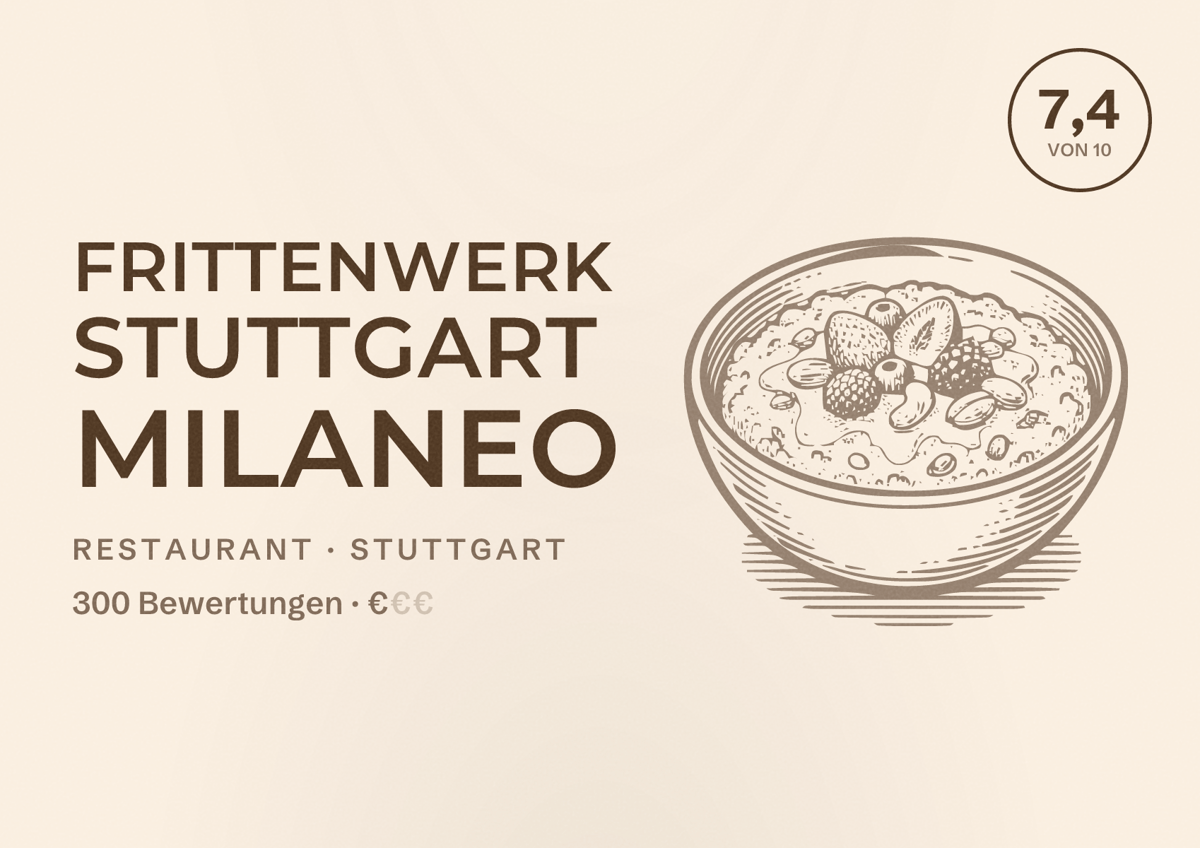 Illustriertes Poster von Frittenwerk Stuttgart Milaneo, Restaurant in Stuttgart: Bewertung 7,4 von 10 aus 300 Bewertungen, Preisniveau €