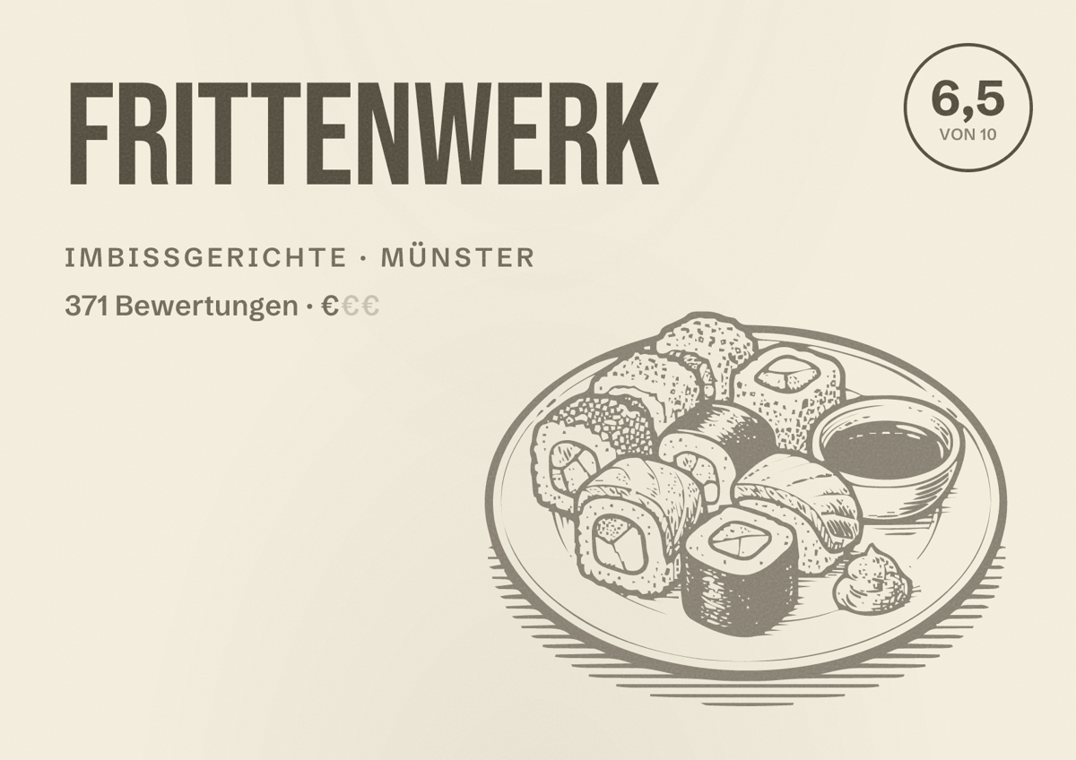 Illustriertes Poster von Frittenwerk, Imbissgerichte in Münster: Bewertung 6,5 von 10 aus 371 Bewertungen, Preisniveau €