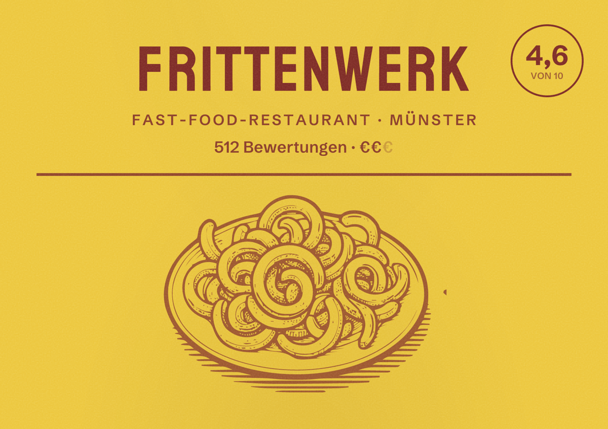 Illustriertes Poster von Frittenwerk, Fast-Food-Restaurant in Münster: Bewertung 4,6 von 10 aus 512 Bewertungen, Preisniveau €€