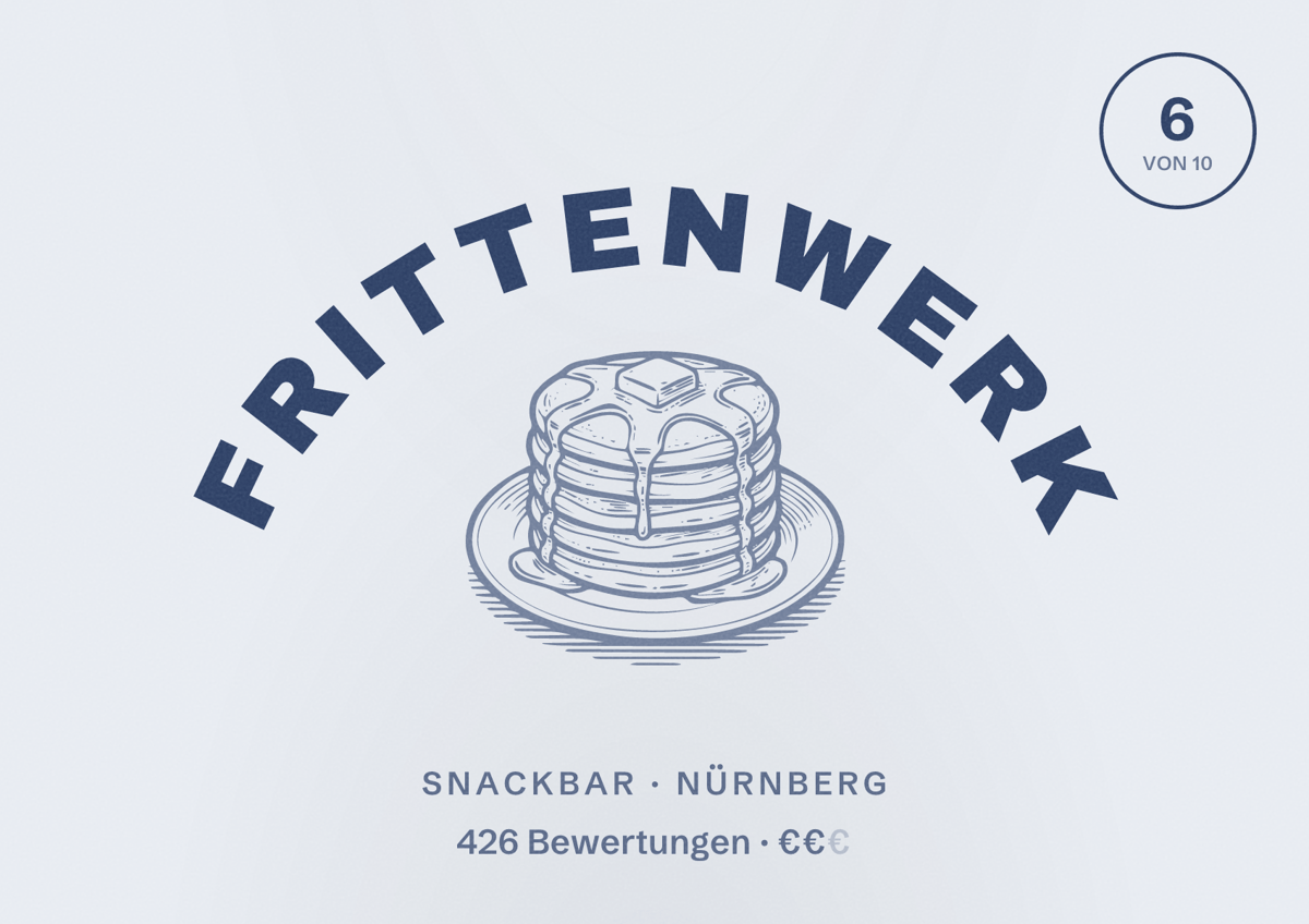 Illustriertes Poster von Frittenwerk, Snackbar in Nürnberg: Bewertung 6,0 von 10 aus 426 Bewertungen, Preisniveau €€