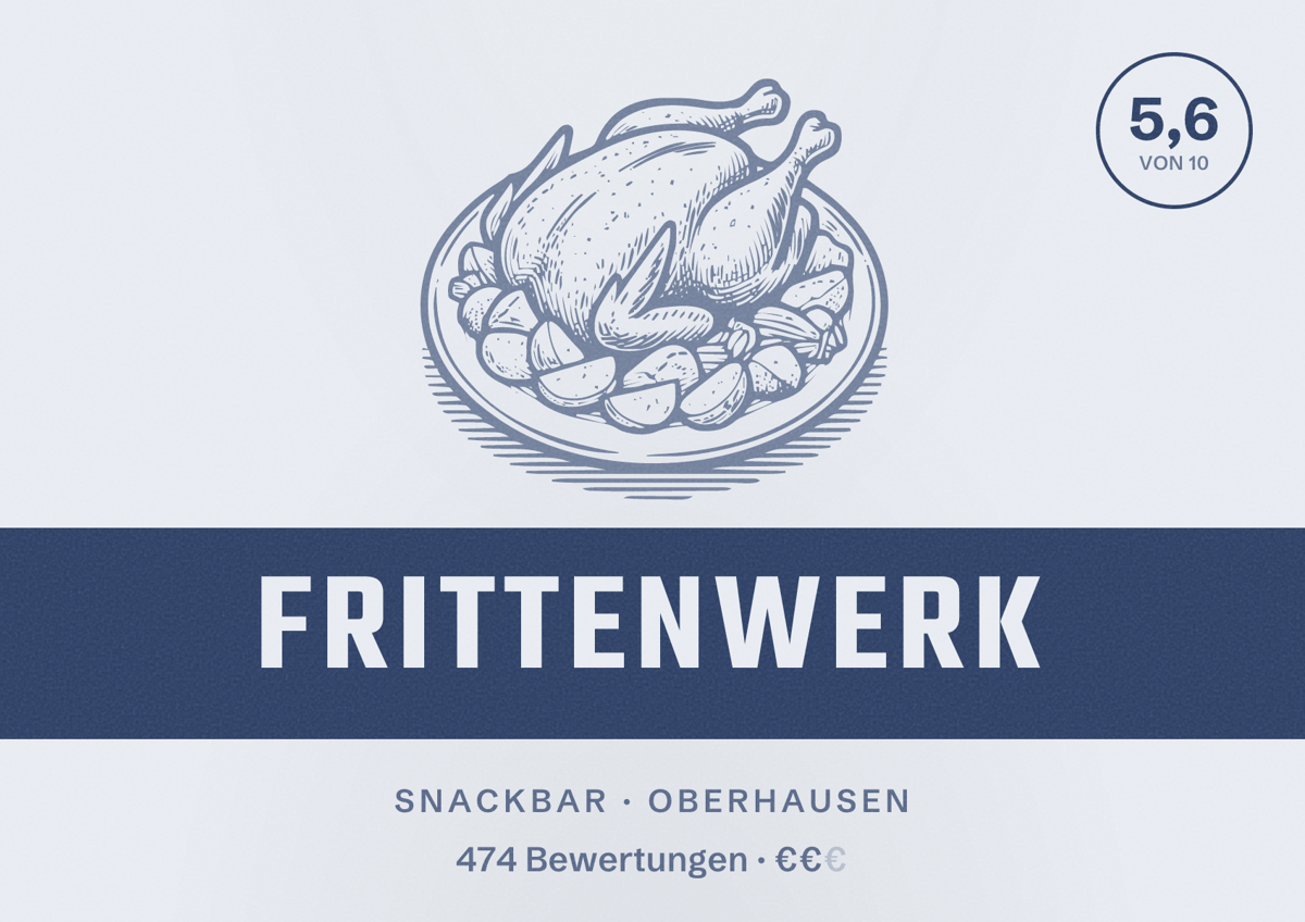 Illustriertes Poster von Frittenwerk, Snackbar in Oberhausen: Gästebewertung 5,6 von 10 aus 474 Bewertungen