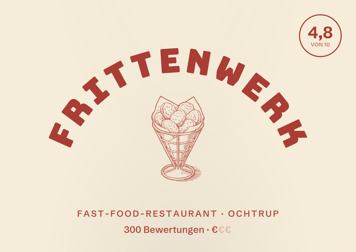 Illustriertes Poster von Frittenwerk, Fast-Food-Restaurant in Ochtrup: Bewertung 4,8 von 10 aus 300 Bewertungen, Preisniveau €