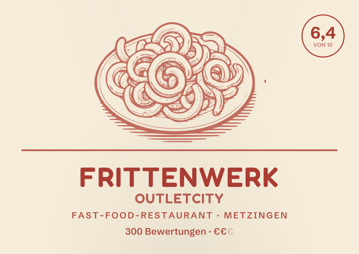 Illustriertes Poster von Frittenwerk Outletcity, Fast-Food-Restaurant in Metzingen: Bewertung 6,4 von 10 aus 300 Bewertungen, Preisniveau €€