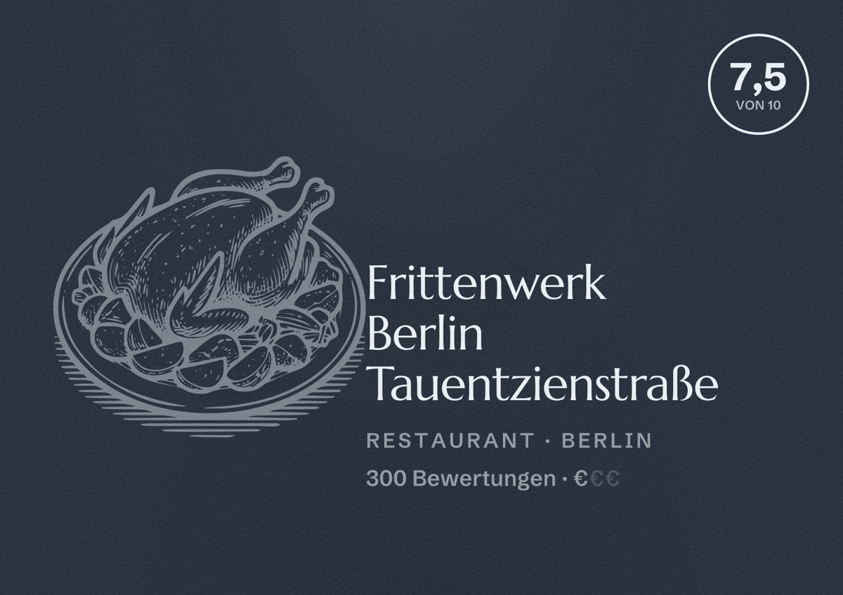 Illustriertes Poster von Frittenwerk Berlin Tauentzienstraße, Restaurant in Berlin: Bewertung 7,5 von 10 aus 300 Bewertungen, Preisniveau €