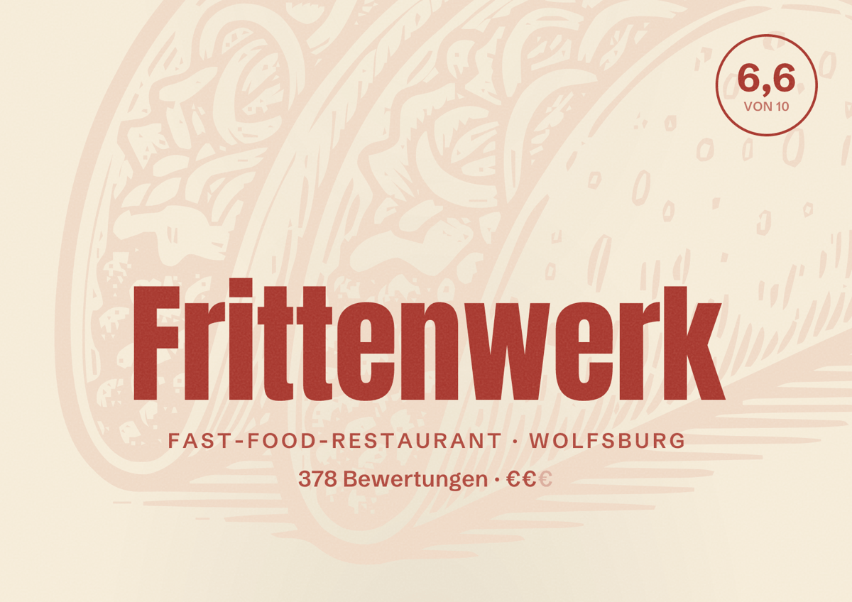 Illustriertes Poster von Frittenwerk, Fast-Food-Restaurant in Wolfsburg: Bewertung 6,6 von 10 aus 378 Bewertungen, Preisniveau €€